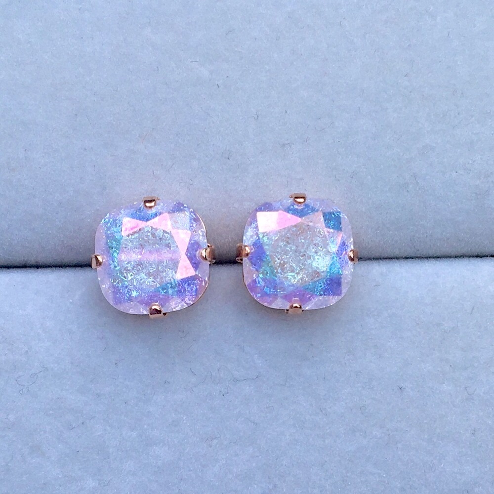 Aurora Borealis Pink Ice + Rose Gold Cushion Cut Crystal Earrings - Picture 1 of 10